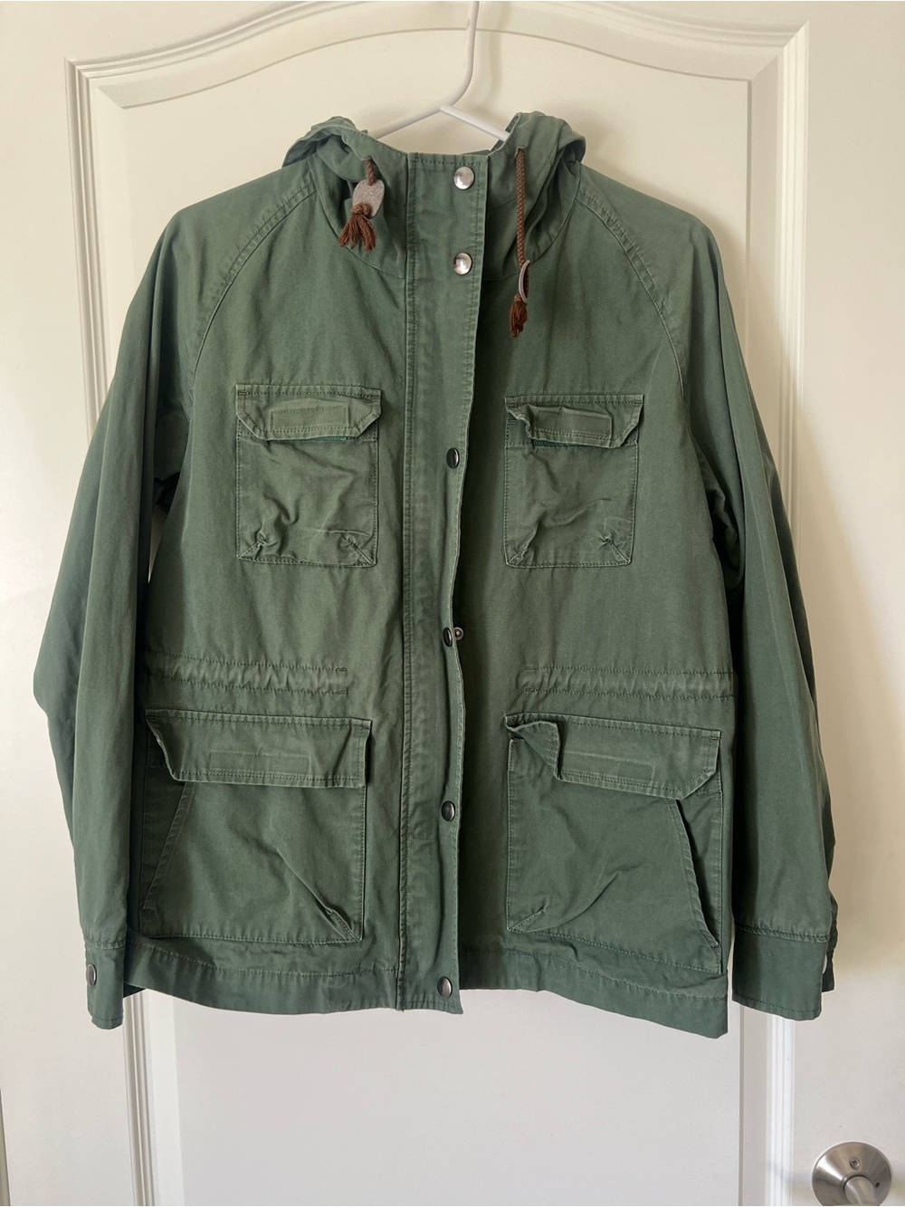 MUJI Olive Green Cotton Utility Parka Jacket Cargo Pockets Drawstring S